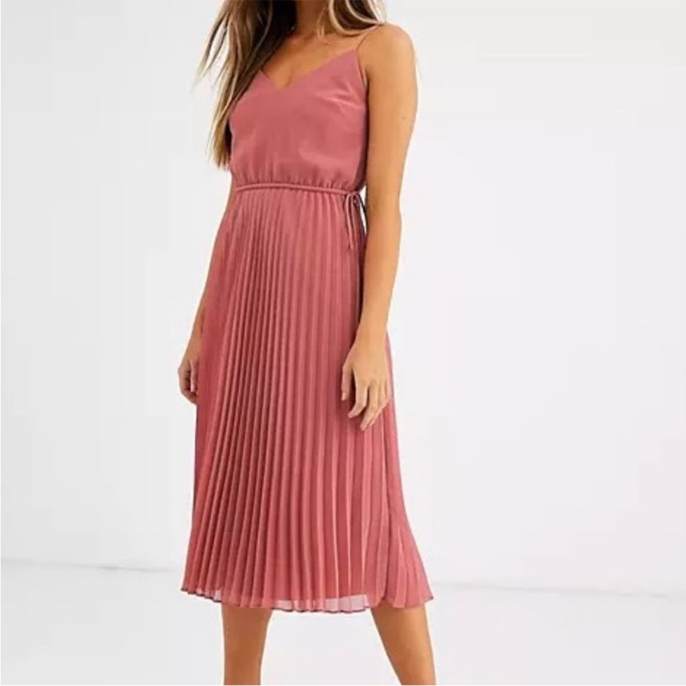 ASOS Design Pink Pleated Cami Midi Dress w/Drawstring Waist Size 6